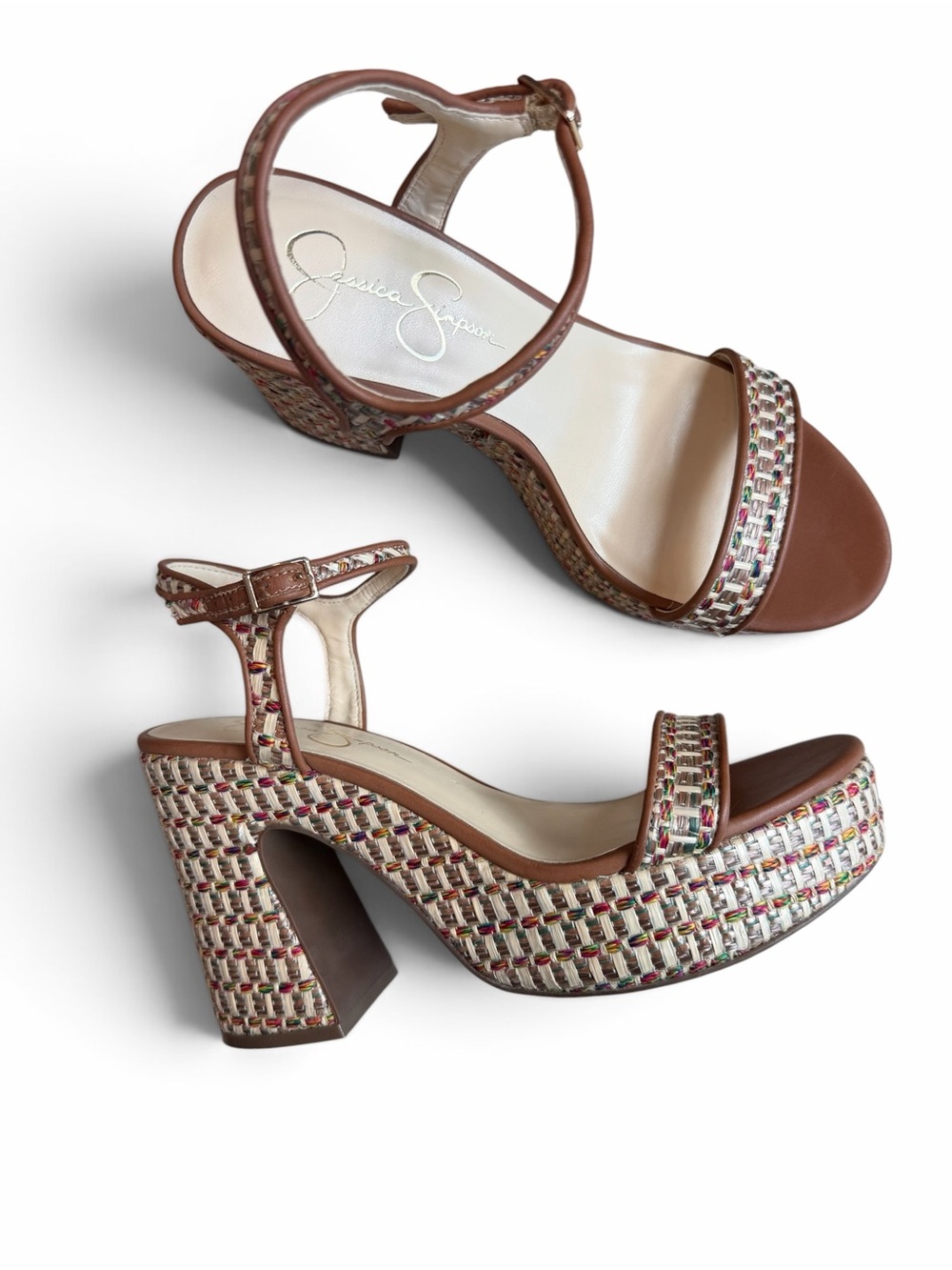 Jessica Simpson Multicolor Woven Platform Sandals with Brown Trim